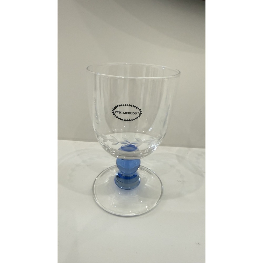 Portmeirion Botanic Garden Options All Purpose Wine Glasses Blue Base Etched EUC